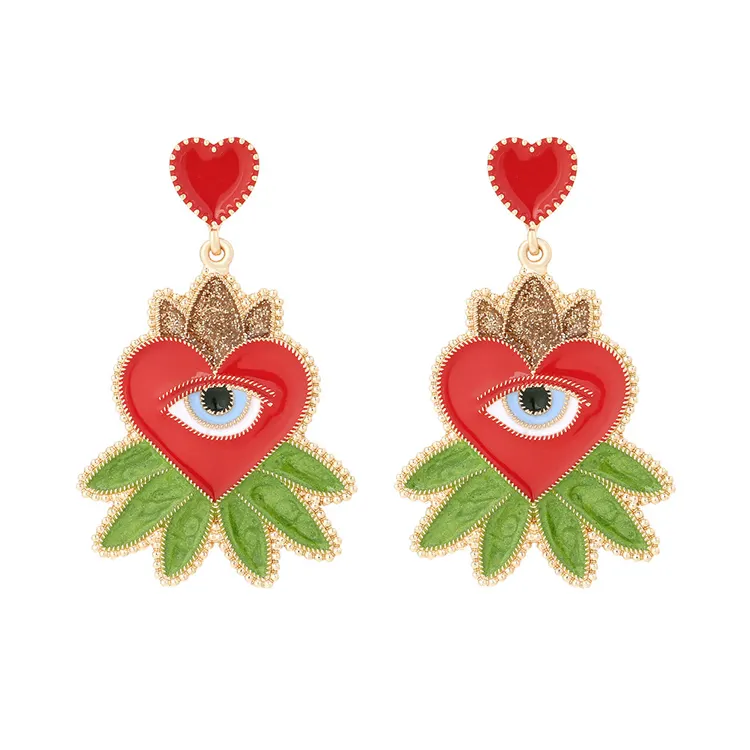 Women's design color enamel heart leaf earrings personalized red Peach heart eye pendant earrings