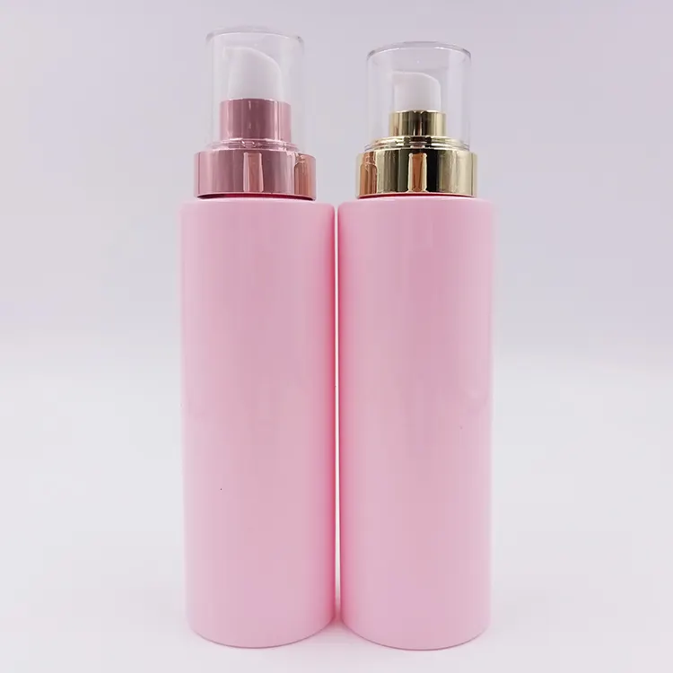 OEM Pink Color 200ml 250ml Clear Plastic Round Cosmetic Lotion Bottle Press Golden Pump Container Bottle with Cap