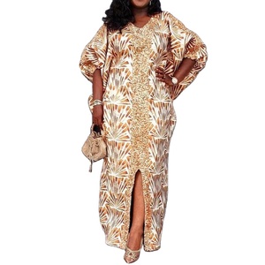 Robes pour femmes Dashiki africaines populaires et élégantes à col en V, imprimées, en polyester satiné, avec fente et sequins - Product Image 2