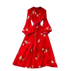 Cộng Với Kích Thước Mùa Hè La Mã Áo Băng Giản Dị Midi Ăn Mặc Cho Phụ Nữ Đèn Lồng Tay Áo Đế Chế Thêu Sequined Ren Ăn Mặc - Product Image 5