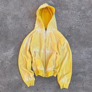 Custom Men Y2K Street Wear Cropped Zip up Hoodie Vintage Washed Yellow Pearl Rhinestone Studded Sun Faded Wash Zipper Hoodie - Product Image 1