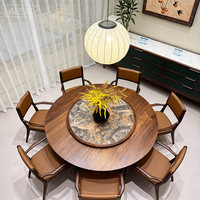 Ensemble de table à manger ronde en bois massif, plateau pivotant en noyer noir avec 6 chaises en cuir, style chinois moderne pour cuisine et salon