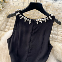 Robe longue décontractée élégante sans manches à col perlé coupe trapèze pour femme, idéale pour le quotidien et les soirées