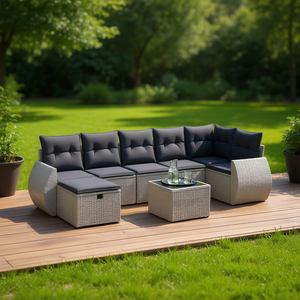 Conjunto de Sofá de Jardín de Ratán Sintético Gris, 6 Plazas, Muebles de Exterior de Diseño Contemporáneo con Estructura de Acero Resistente - Product Image 2