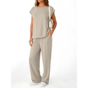 2025 femmes décontracté 2 pièces pour salon ensemble haut à manches courtes et pantalon à jambes larges taille XS pour les tenues de vacances d'été - Product Image 6