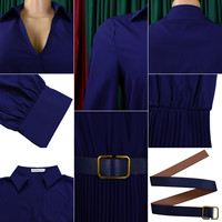 D472 Robe Printanière Tendance pour Femmes, Élégante à Manches Longues, Col en V, Plissée, de Bureau ou Décontractée, avec Ceinture
