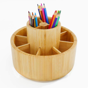 Bamboo <b>Rotating</b> <b>Desk</b> Organizer Pen Holder Round Multi Compartment Storage Box For Office Use - Product Image 1