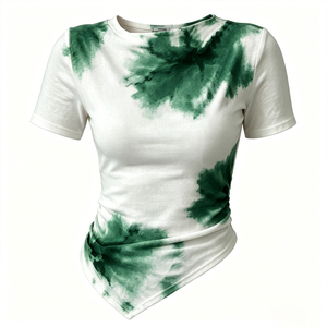 เสื้อยืดผู้หญิงลายพิมพ์ดิจิตอลแบบ Tie Dye ชายเสื้อไม่สมมาตร ทรงเข้ารูป ผลิตจากไนลอนหรือผ้าฝ้าย 100% แขนสั้น คอกลม สไตล์ลำลอง - Product Image 1