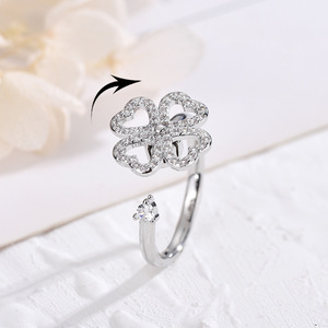 Four Leaf Clover Rotating <b>Ring</b> Micro Pave <b>Crystal</b> Flower Design Jewelry Gift For Women - Product Image 1
