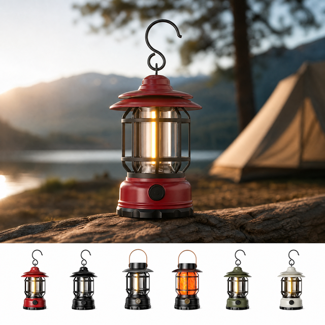 Vintage Camping Lantern LED Rotary Switch Waterproof Solar USB Rechargeable Long Battery Life Adjustable Changeable Camping