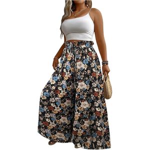 Pantalon Palazzo Fleurie Grande Taille Femme, Coupe Ample Taille Haute, en Mousseline Bohème, Idéal pour les Vacances d'Été et les Croisières - Product Image 1