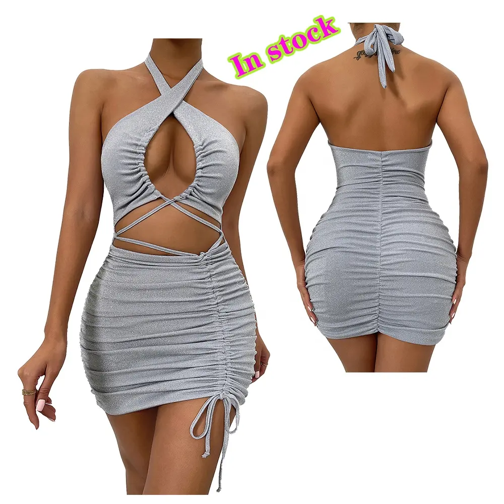 In stock Sling hollowed out bandage fold Hip Wrap Dress Women's Sexy Halter Deep V Neck Keyhole Cross Bodycon Dress