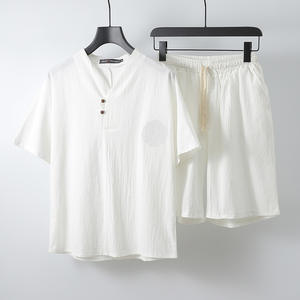 Vestito estivo Casual da <span class=keywords><strong>uomo</strong></span> in <span class=keywords><strong>lino</strong></span> di cotone stile cinese nuovo Set con <span class=keywords><strong>abbigliamento</strong></span> a due pezzi in tinta unita - Product Image 3