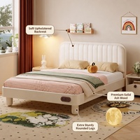 Cama Infantil de Madera de Roble Macizo de Primera Calidad, Pintura Ecológica a Base de Agua, Cuero Blanco a Rayas, Muebles Modernos y Elegantes para Niños y Niñas