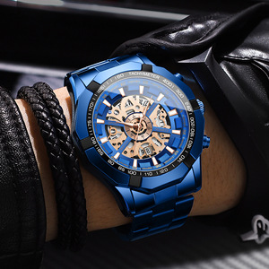 Binbond Men's Quartz Watch Blue Skeleton Dial Stainless Steel Band Tachymeter Waterproof Luminous Casual Business Watch - Product Image 2
