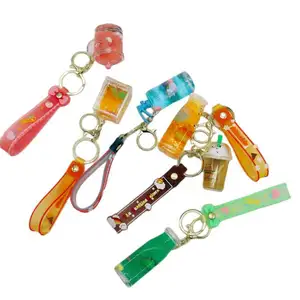 Bottle Shaped Oil Liquid Keychain Bulk Boba Quicksand Milk plastic keychain with coin Liquid key chain