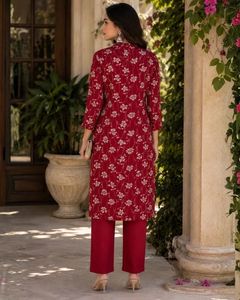 Elegant Cherry <b>Red</b> Floral Print Rayon Kurta Pant Set Lightweight Breathable Rayon Fabric Comfortable Casual Office Wear Ethnic - Product Image 3