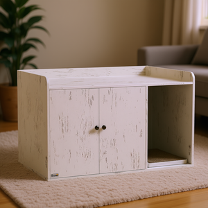 Enclos pour litière pour chat Pawhut 32 pouces blanc vieilli avec tapis à gratter pour chats - Product Image 2