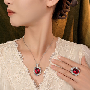 High Quality Jewelry Eco-friendly Copper Silver Plated 15*18mm Red & <b>Blue</b> Zircon Flower <b>Necklace</b> Set for Romantic Daily Style - Product Image 2