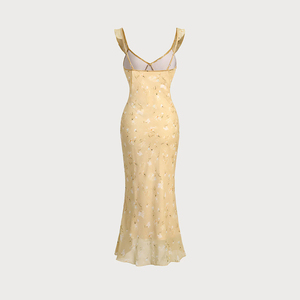 Abito Midi Floreale Giallo con Volant <span class=keywords><strong>e</strong></span> Dettagli Arricciati, Vita Naturale, Schiena Scoperta, Linea ad <span class=keywords><strong>A</strong></span>, per Vacanze <span class=keywords><strong>e</strong></span> Spiaggia, in Poliestere - Product Image 3