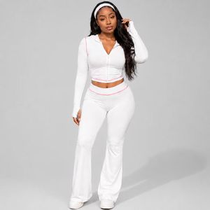 Ensemble 2 pièces tendance Y2K 2026 pour <span class=keywords><strong>femme</strong></span> : sweat à capuche court côtelé de couleur unie et <span class=keywords><strong>pantalon</strong></span> évasé taille haute – Survêtement streetwear - Product Image 6