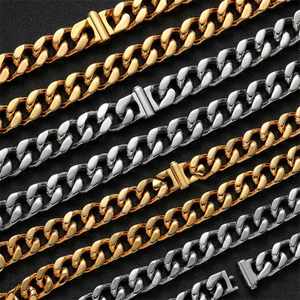 Hip Hop Necklace Stainless Steel Four Sided Grinding Cuban <b>Chain</b> Bracelet Gold Plated <b>Titanium</b> Steel Men's Necklace - Product Image 1