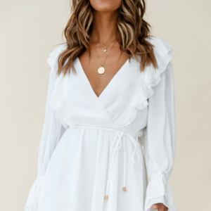 <b>White</b> Chiffon Mini Dress Deep V Neck Bell Sleeve Ruffles <b>Wrap</b> Tie A-Line Casual Summer Loose Fit OEM ODM Customized - Product Image 2