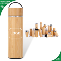 Bouteille d'eau en acier inoxydable avec couvercle en bambou écologique, thermos à double paroi, gourde intelligente pour café et thé avec poignée