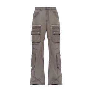 Pantalones Cargo de Pierna Recta con Múltiples Bolsillos, Estilo Urbano, Lavado Desgastado, para Hombre, Diseño Moderno con Cremallera - Product Image 5