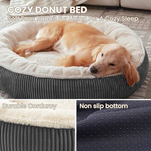 Lit pour chien rond en velours côtelé, intérieur en fausse fourrure, canapé confortable pour chiens de petite et moyenne taille - Product Image 2