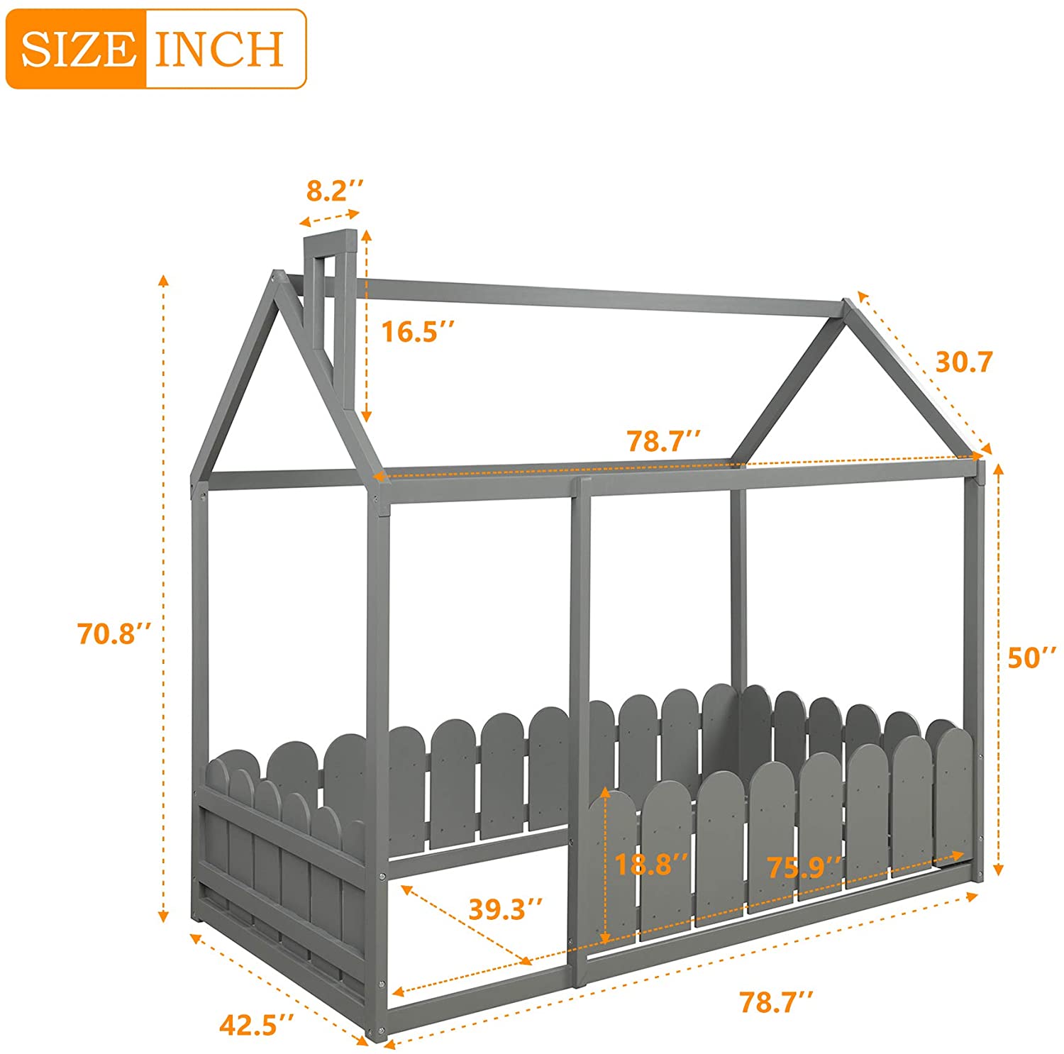 Twin Size Wood Canopy Bed with Fence for Boys Toddler Floor Bed Montessori House Bed