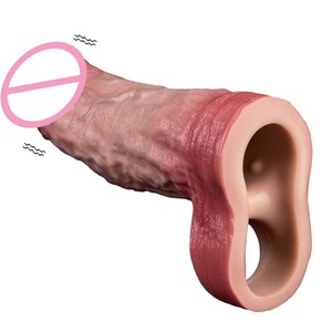 ORALSX Head Vibrating Penis Extender Male Penis Enhancement Cock Sleeve Silicone Condom Reusable Condom Hollow <b>Dildo</b> for Couples - Product Image 1