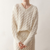 Ensemble tricoté en cachemire et laine pour femme, deux pièces, pull col en V torsadé et jupe, élégant, doux, épais, automne-hiver