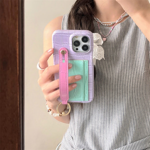 Funda con Correa para Muñeca y Textura de Cocodrilo en Bloques de Color para iPhone 16 Pro Max 15 14 13, Carcasa Protectora Rígida para Mujer - Product Image 2