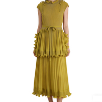 Robe Longue Plissée Miyaki d'Été pour Femme, Couleur Unie, Col Volanté, Impression Numérique, Grande Taille XL, Longueur Cheville, Chiffon