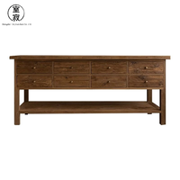 Table de salle à manger en bois massif de style rétro Wabi-Sabi avec comptoir îlot en bois d'ébène, rangement multi-tiroirs et étagère ouverte