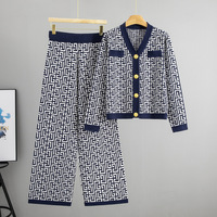 Ensemble deux pièces pour femme, cardigan ample en tricot anti-rides à motifs géométriques, tendance automne-hiver + pantalon large décontracté