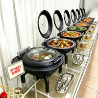 Plat de service chauffant noir mat à alimentation thermique 6L/9L, ensemble de buffet de luxe avec vitrine panoramique en verre pour dîner de gala et convention