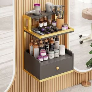 Muebles de Salón Modernos Dorados para Montar en la Pared, Estaciones de Peluquería con Gabinete de Almacenamiento de Herramientas para Barbería - Product Image 1