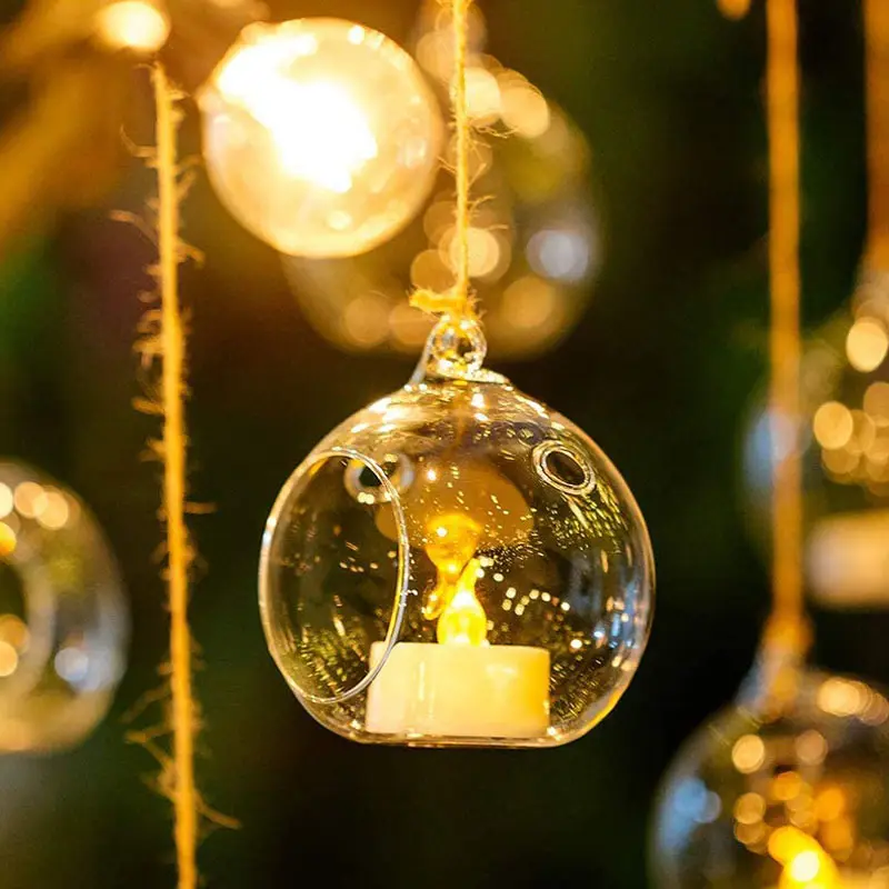 ที่วางลูกบอลทีไลท์แบบแขวนทำจากแก้วใส,ลูกบอลแก้วสำหรับประดับตกแต่งเทศกาลคริสต์มาสที่วางเทียนที่แขวนในสวนขวดแก้ว