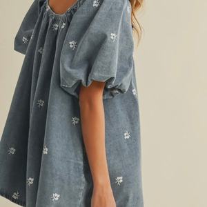 Nouvelle Arrivée Robe Courte en Jean de Haute Qualité pour l'Automne, Style Rétro Noble, Col Revers, Manches Courtes, Manches Bouffantes en Jean, Mini-Robe Salopette - Product Image 2