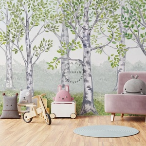 <span class=keywords><strong>Papier</strong></span> <span class=keywords><strong>peint</strong></span> décoratif de dessin animé auto-adhésif de forêt de <span class=keywords><strong>bouleau</strong></span> d'aquarelle - Product Image 1