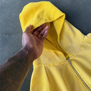 Heavyweight 400GSM Premium Waffle Knit Thermal Cotton <strong>Blank</strong> Cropped <strong>Boxy</strong> Fit Zip up <strong>Hoodies</strong> for Men - Product Image 4