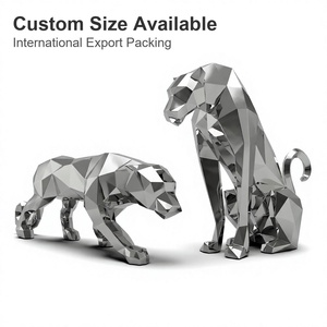 Scultura Moderna di Leopardo in Acciaio Inossidabile a Specchio, Statua Geometrica Sfaccettata di <span class=keywords><strong>Pantera</strong></span> per Decorazione Esterna di Giardini e Hotel di Lusso - Product Image 6