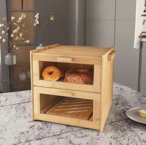Home Kitchen Double Layer Natural <b>Bamboo</b> Bread Storage Box Organizer with Bread Slicer for Food Use - Product Image 3
