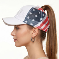 Gorra de béisbol táctica estilo desgastado con bandera americana, para exteriores, con malla para coleta alta, 100% poliéster, primavera/verano