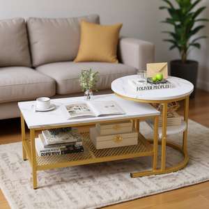 <b>Nesting</b> <b>Coffee</b> <b>Table</b> <b>Set</b> Rectangle Golden Marble Top Metal Frame Extra Storage Shelf Living Room Modern Contemporary Design - Product Image 2