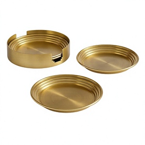 Creative <b>Round</b> Brass Coaster Set Of 4 With Holder Modern Gold Brushed Metal Drink Coasters For Coffee <b>Table</b> & Home Bar Decor Cup - Product Image 1