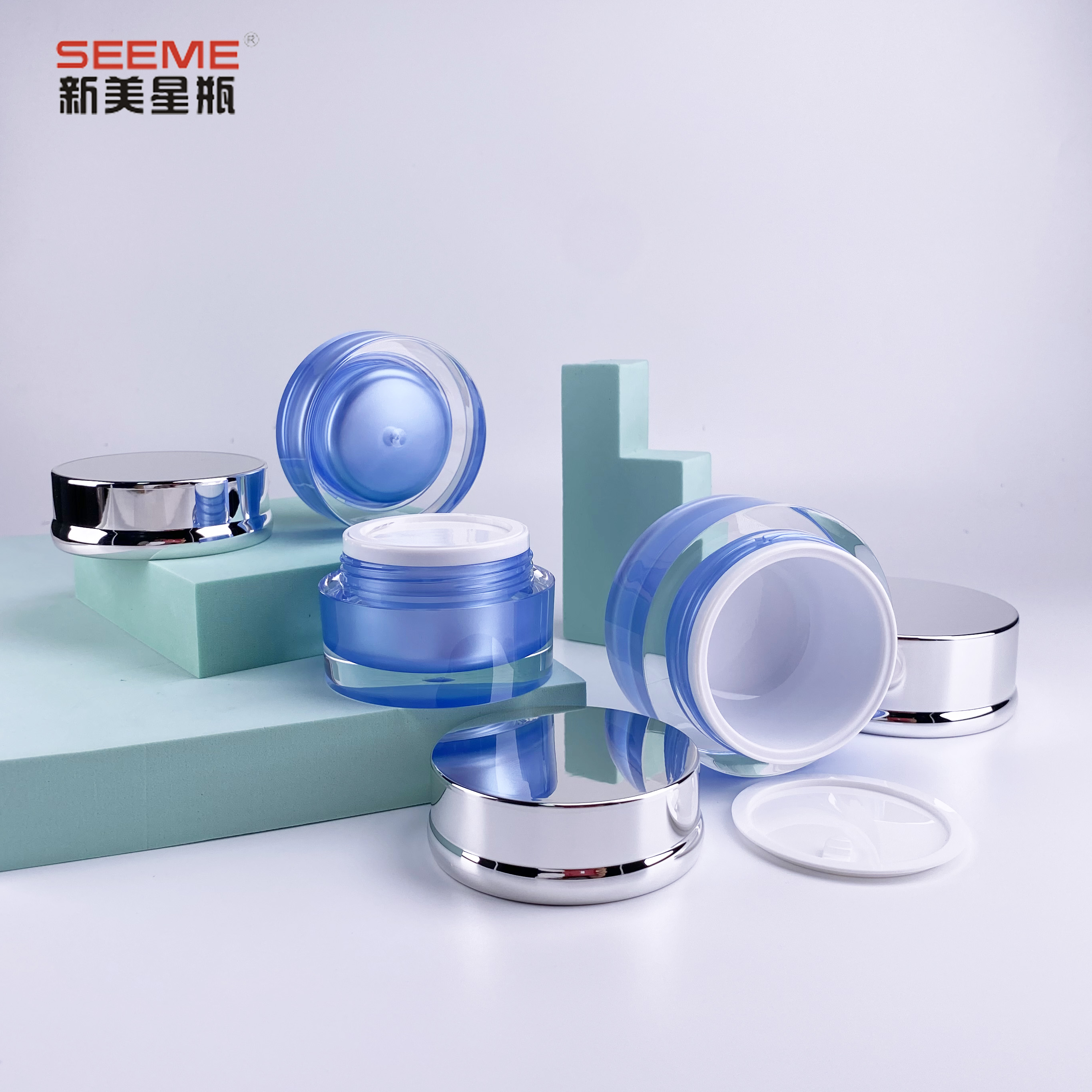 Skin care packaging wholesale empty 15g 30g 50g acrylic blue color plastic cosmetic jars with shiny silver lids