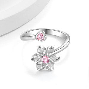 Dainty Flower Anxiety <b>Spin</b> <b>Ring</b> Open Adjustable Pink Cubic Zirconia Copper Rhodium Plated Lotus Flower Rotating Base Jewelry - Product Image 3